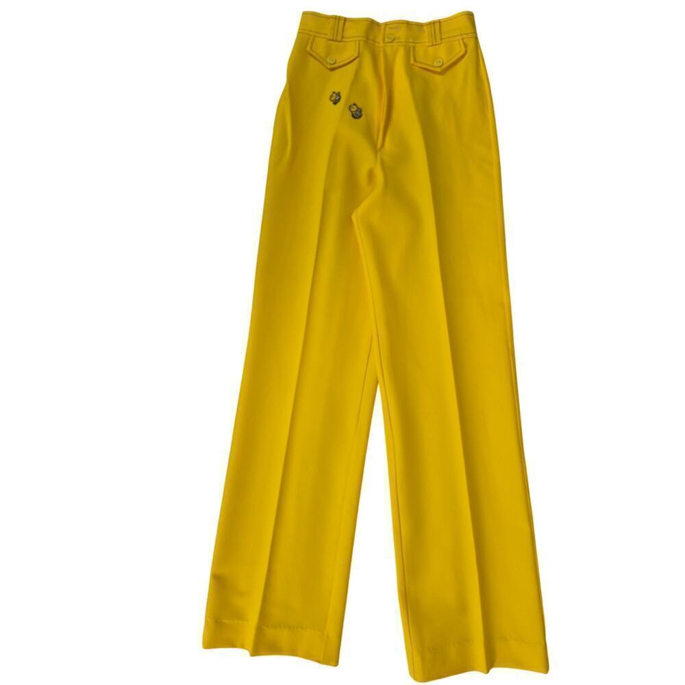 1970s Vtg Bright Yellow Poly Pants Wide Leg Bumble Bee Patches  24x32.5 XS